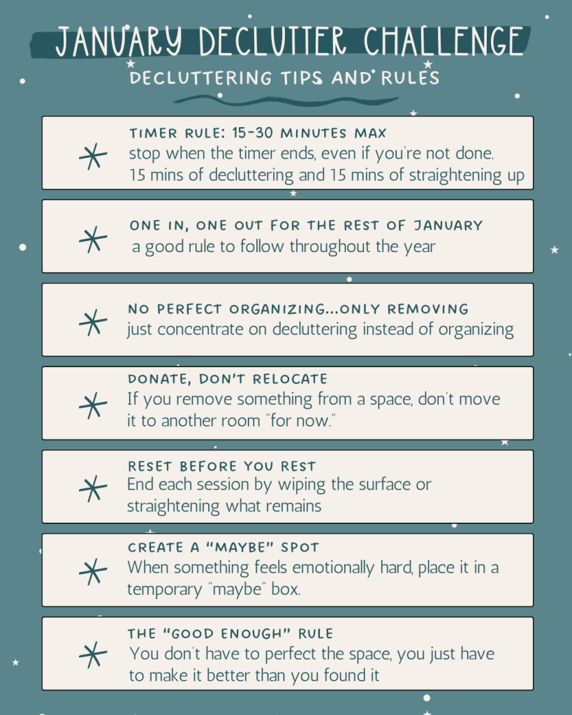 January Declutter Challenge graphic outlining decluttering tips and rules.