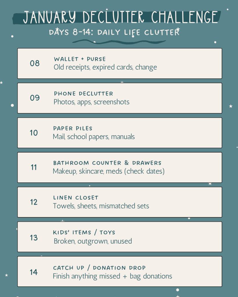 January Declutter Challenge graphic listing Days 8–14 focused on daily life clutter.