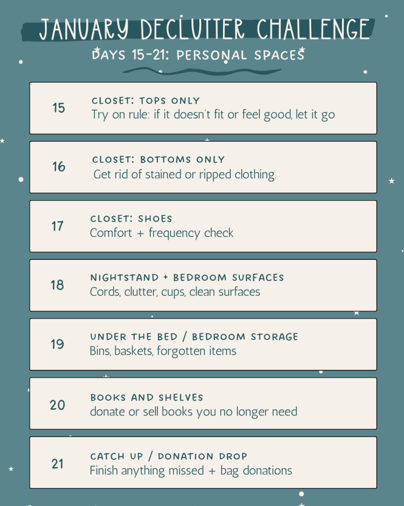 January Declutter Challenge graphic listing Days 15–21 focused on personal spaces.