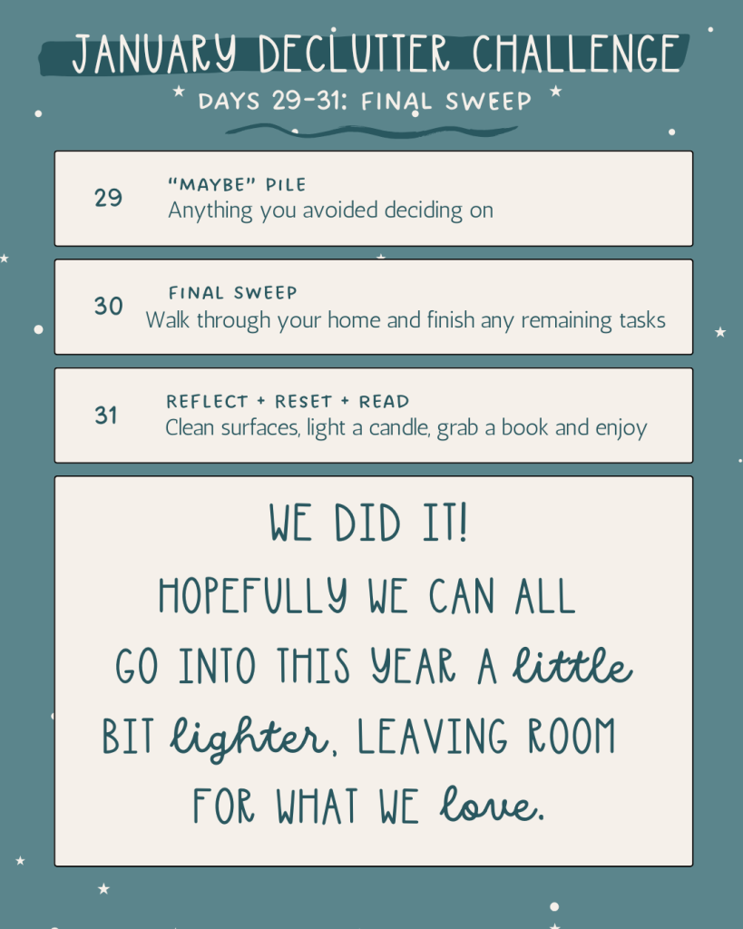 January Declutter Challenge graphic listing Days 29–31 for a final decluttering sweep.
