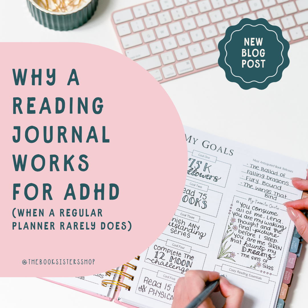Why a Reading Journal Works for ADHD (When a Regular Planner Never Does), blog graphic over a photo of the Duology/Trilogy Tracker